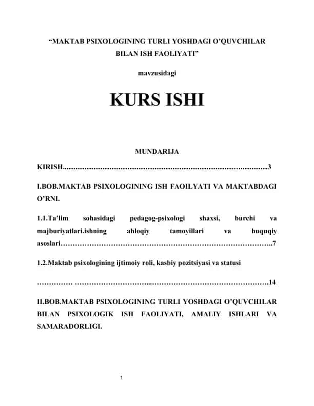 Maktab psixologining turli yoshdagi o‘quvchilar bilan ish faoliyati