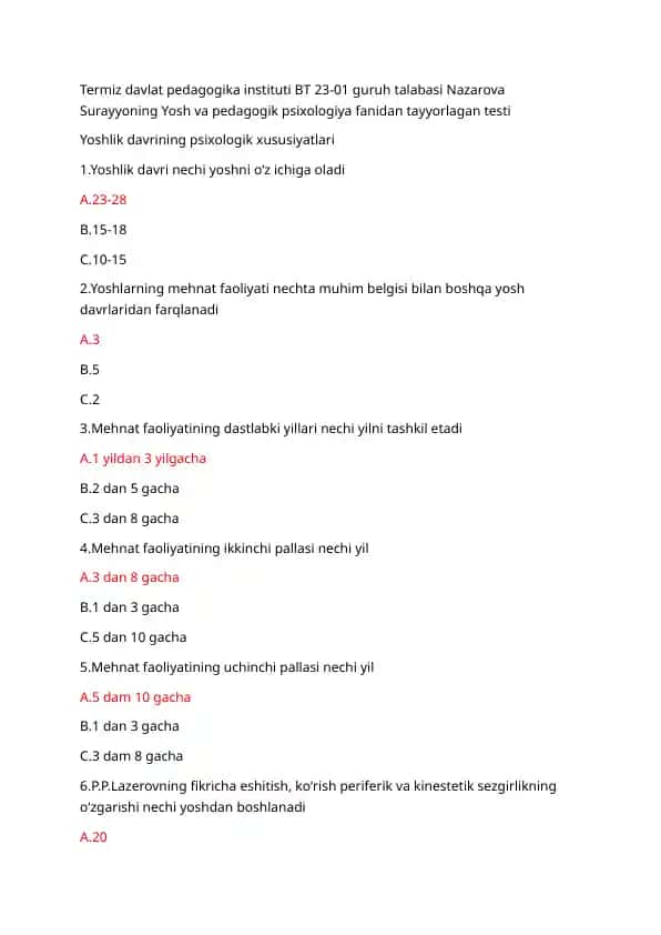Yosh va pedagogik psixologiya fanidan test