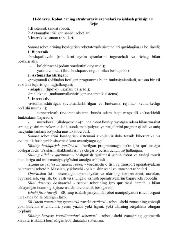 Sanoat robotlarining strukturaviy sxemalari va ishlash prinsiplari