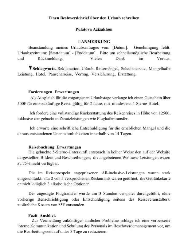 Einen Beschwerdebrief über den Urlaub schreiben