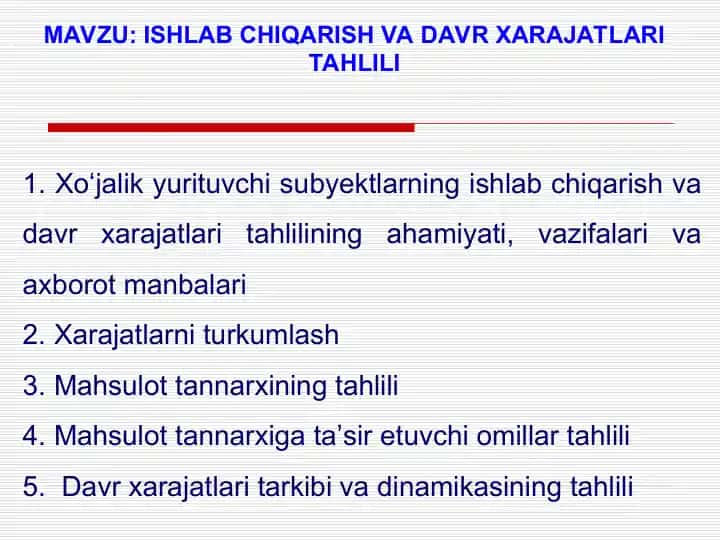 Ishlab chiqarish va davr xarajatlari tahlili