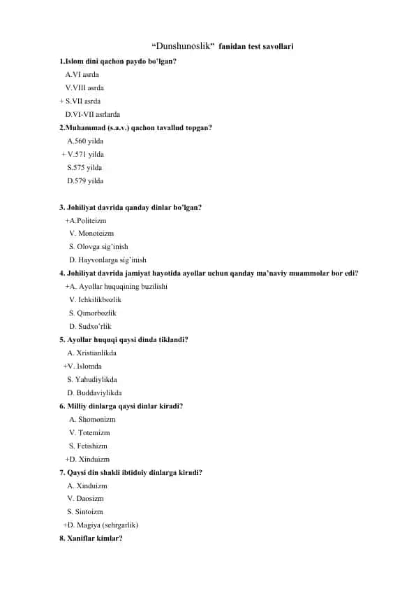 "Dunshunoslik fanidan test savollari"