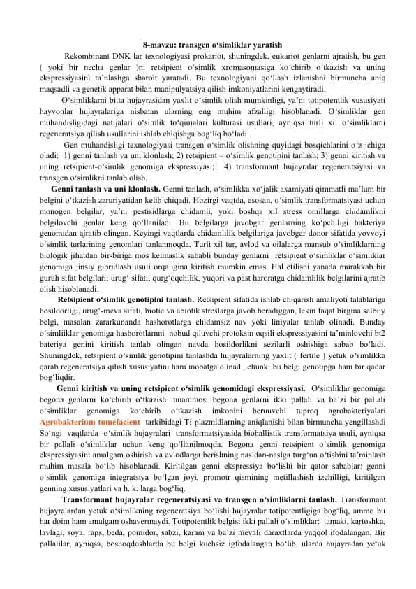 Transgen o‘simliklar yaratish