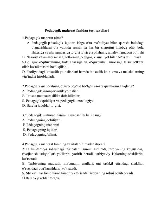 Pedagogik mahorat fanidan test savollari