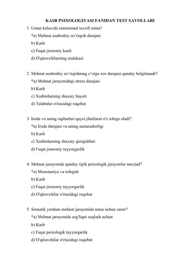 Kasb Psixologiyasi fanidan test savollari