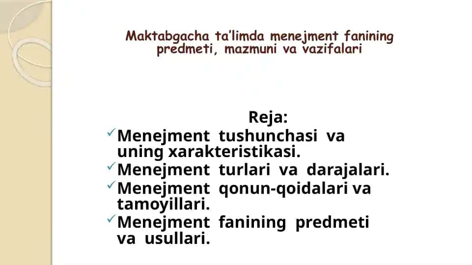 Maktabgacha ta’limda menejment fanining predmeti, mazmuni va vazifalari