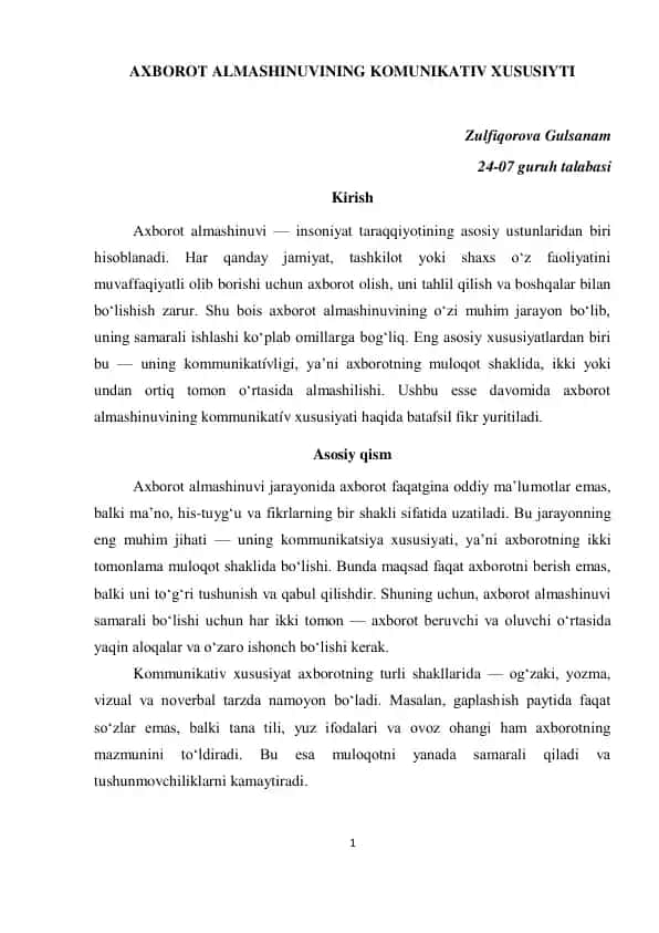 Axborot Almashinuvinin Kommunikativ Xususiyati