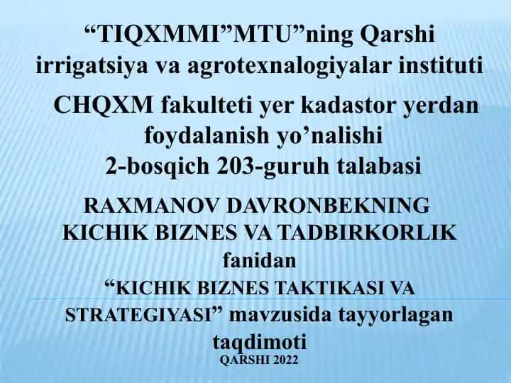 KICHIK BIZNES TAKTIKASI VA STRATEGIYASI