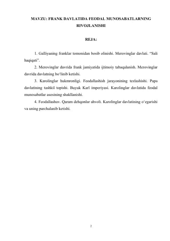FRANK DAVLATIDA FEODAL MUNOSABATLARNING RIVOJLANISHI