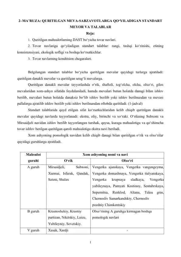 Quritilgan meva-sabzavotlarga qo‘yiladigan standart meyor va talablar