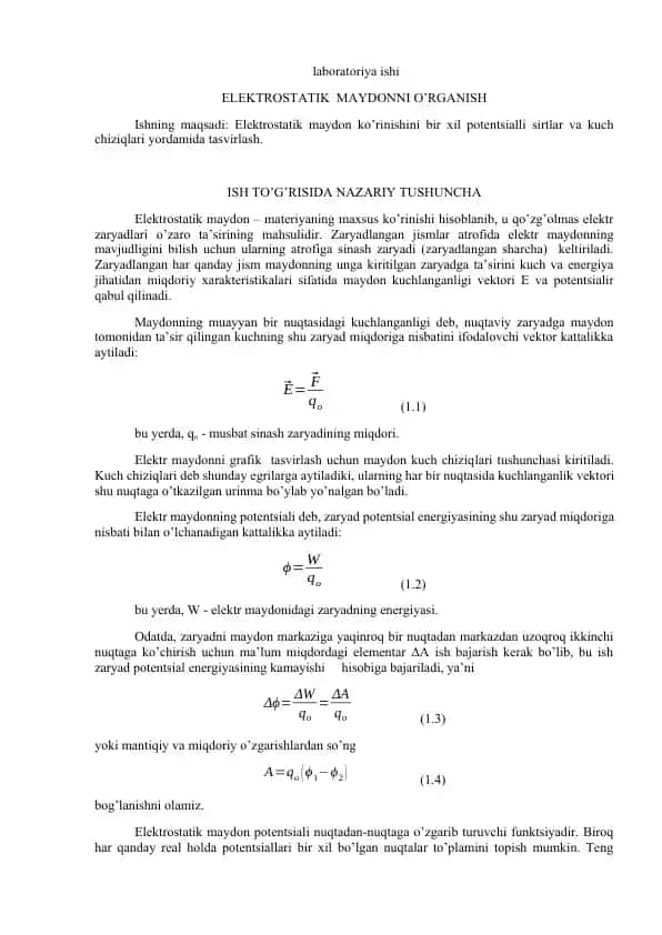 Elektrostatik maydonni o'rganish laboratoriyasi