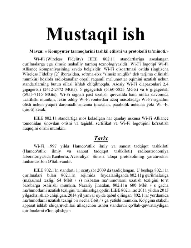 Kompyuter tarmoqlarini tashkil etilishi va protokolli ta’minoti