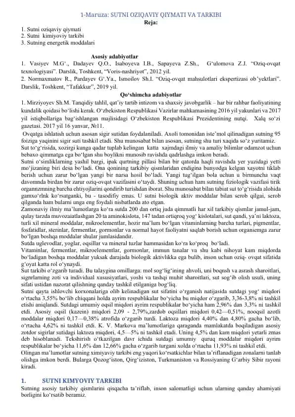 Sutni oziqaviy qiymati va tarkibi