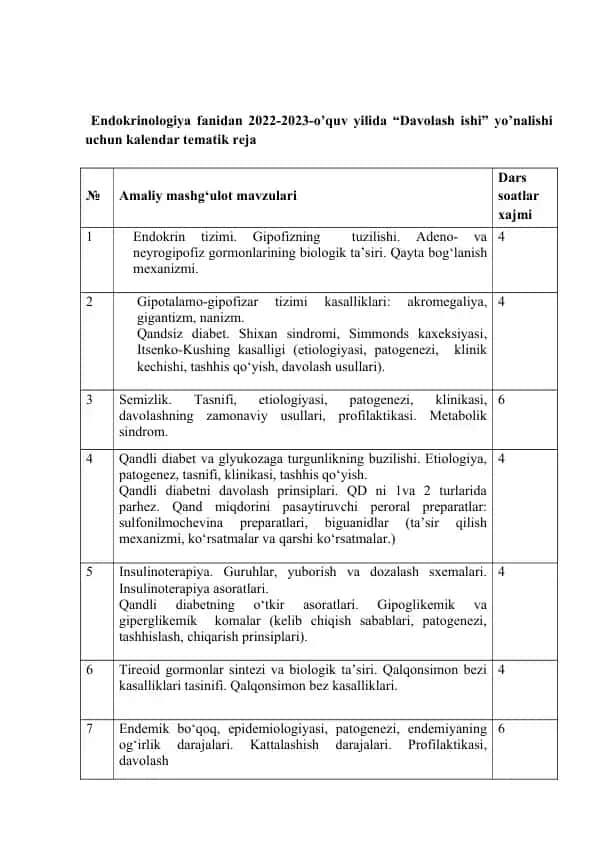 Davolash ishi kalendar tematik reja