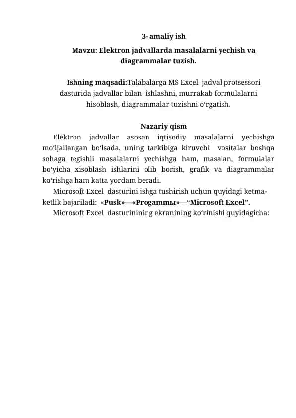 Elektron jadvallarda masalalarni yechish va diagrammalar tuzish
