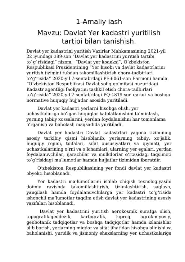 Davlat Yer kadastri yuritilish tartibi bilan tanishish