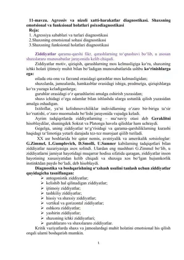 Agressiv va nizoli xatti-harakatlar diagnostikasi