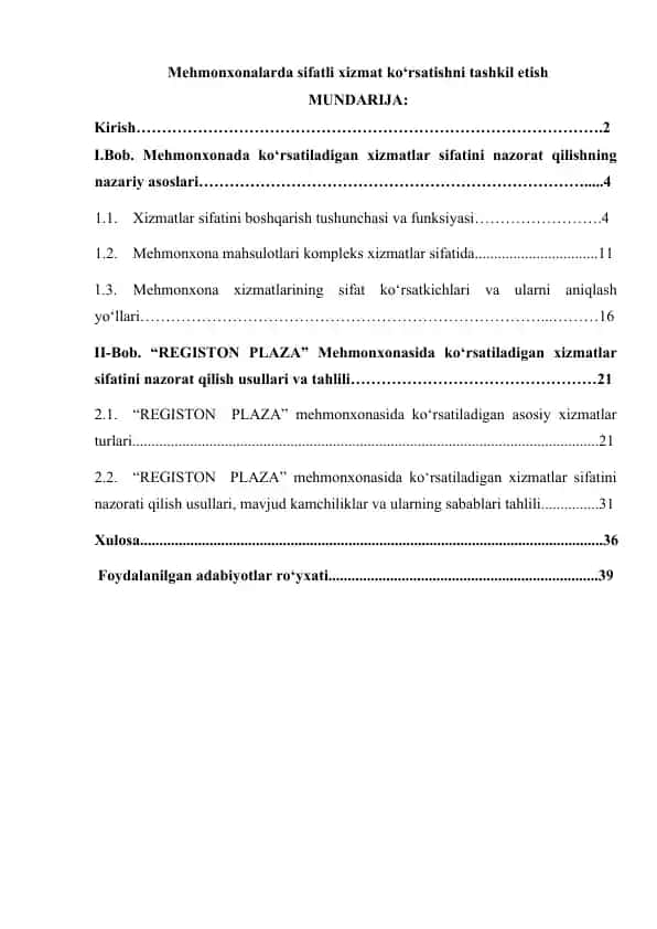 Mehmonxonalarda sifatli xizmat ko‘rsatishni tashkil etish