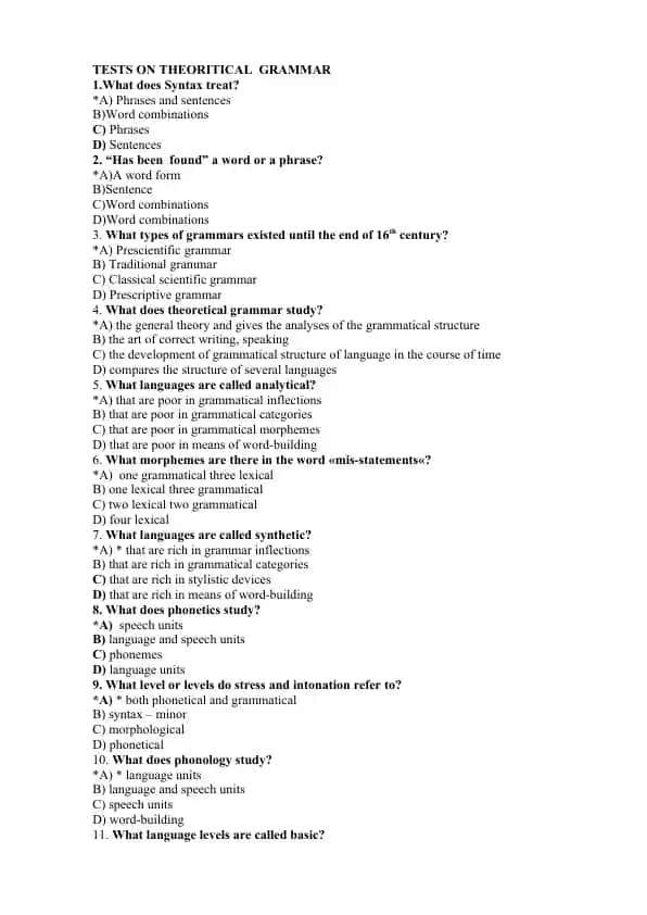 Tests on Theoretical Grammar