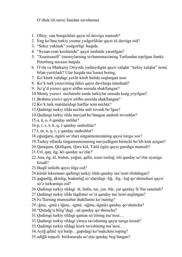 O‘zbek tili tarixi fanidan savolnoma