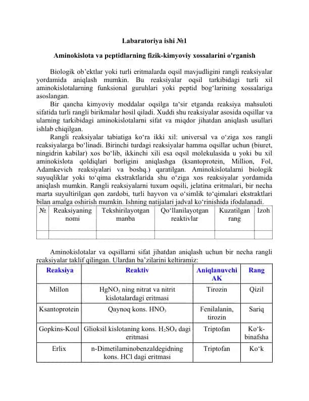 Aminokislota va oqsillarni tahlil qilish bo‘yicha laboratoriya ishlar to‘plami