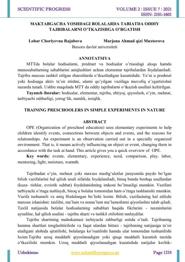 Maktabgacha yoshdagi bolalarda tabiatda oddiy tajribalarni o'tkazishga o'rgatish
