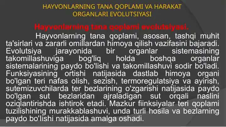HAYVONLARNING TANA QOPLAMI VA HARAKAT ORGANLARI EVOLUTSIYASI