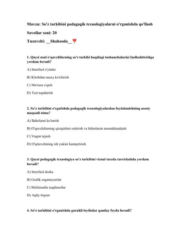 So'z tarkibini pedagogik texnologiyalarni o'rganishda qo'llash