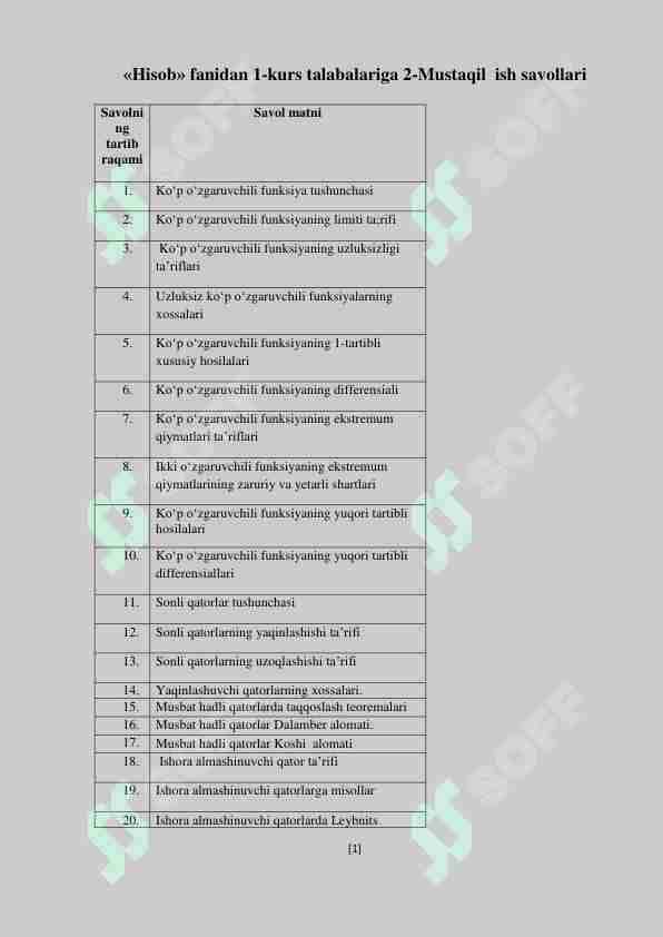 Hisob, Matematika fanidan mustaqil ishlar to'plami