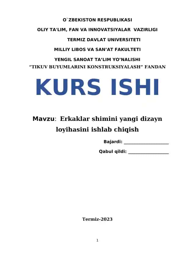 Erkaklar shimini yangi dizayn loyihasini ishlab chiqish