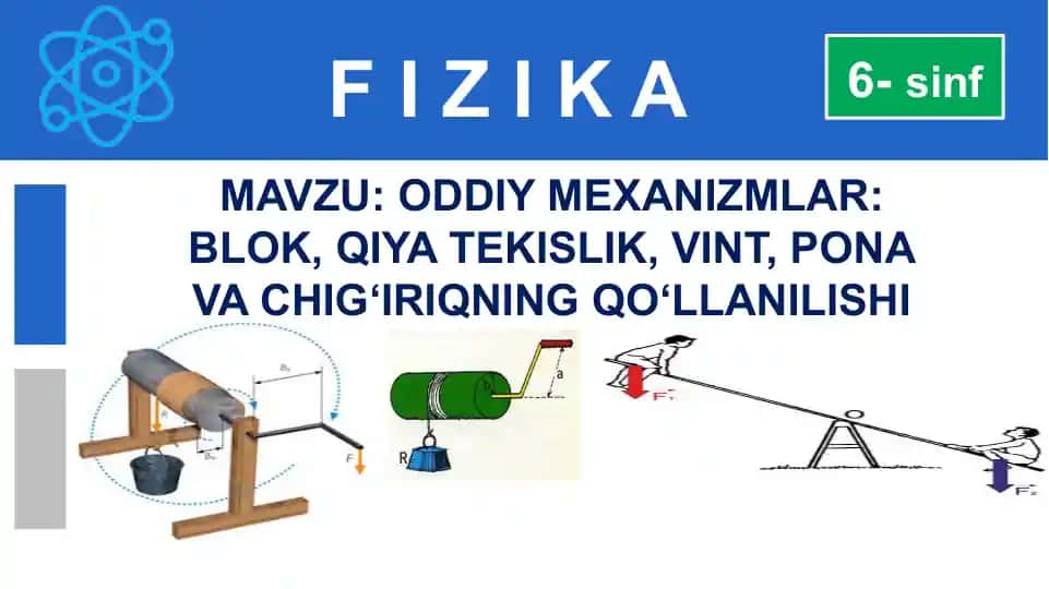 ODDIY MEXANIZMLAR: BLOK, QIYA TEKISLIK, VINT, PONA VA CHIG‘IRIQNING QO‘LLANILISHI