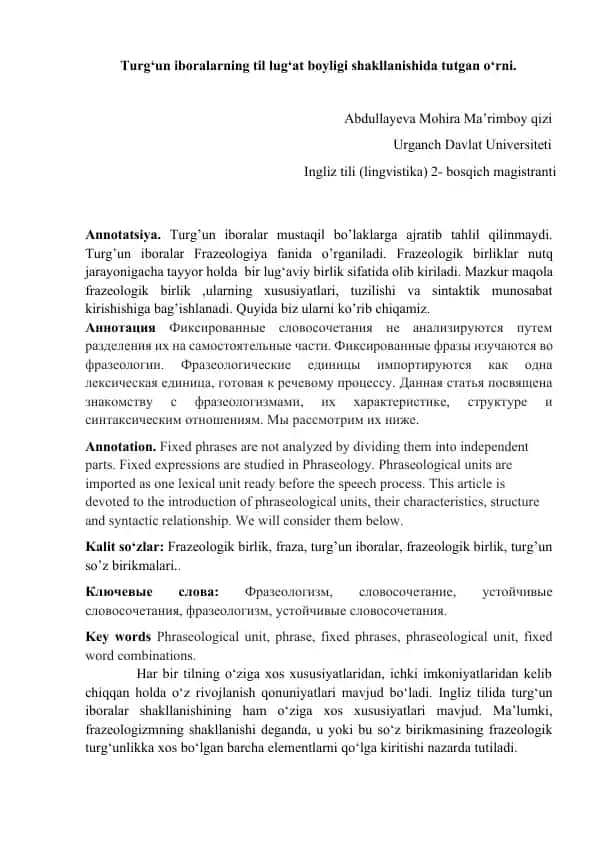 Turg'un iboralarning til lug'at boyligi shakllanishi
