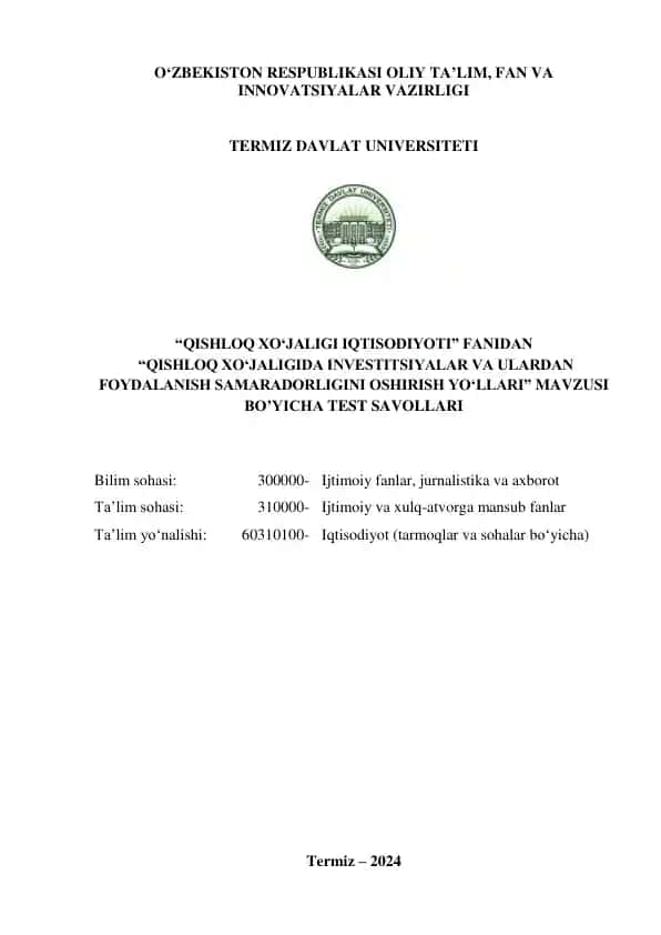 "Qishloq xo‘jaligida investitsiyalar va ulardan foydalanish samaradorligi"