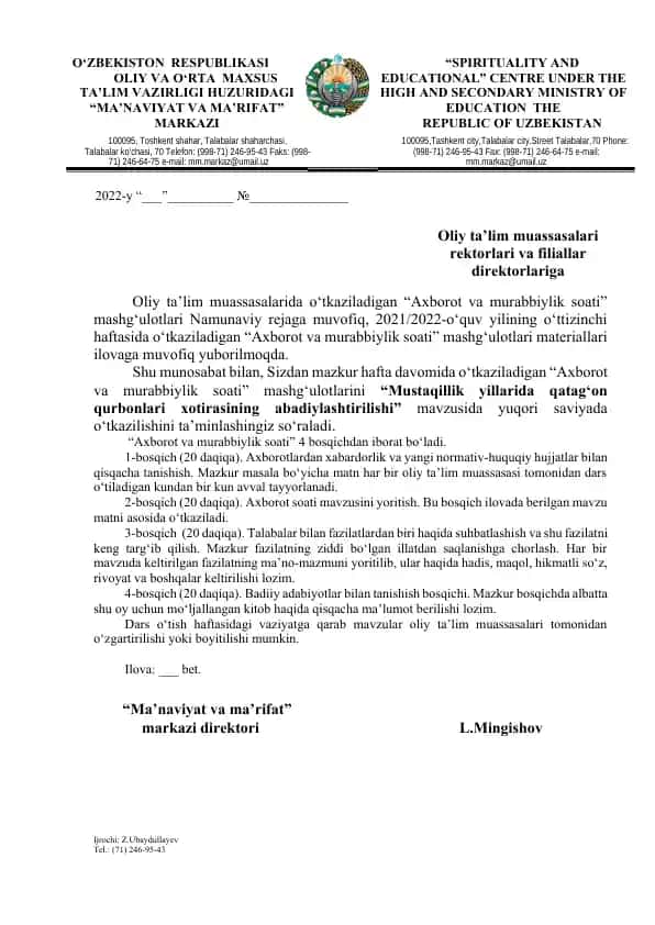 "Axborot va murabbiylik soati mashg'ulotlari"