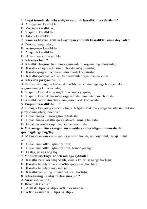 Yuqumli Kasalliklar Haqida Test Savollar