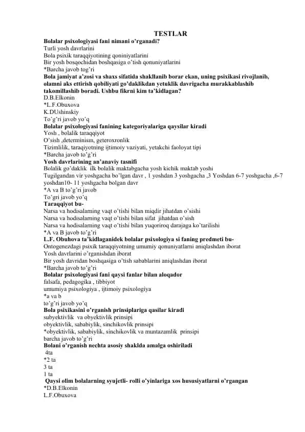 Bolalar psixologiyasi testlari
