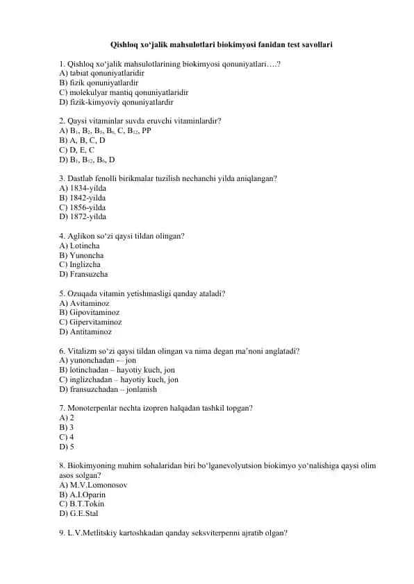 Qishloq xo‘jalik mahsulotlari biokimyosi fanidan test savollari