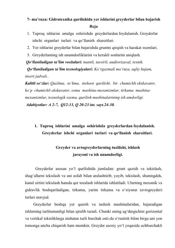 Gidrotexnika qurilishida yer ishlarini greyderlar bilan bajarish