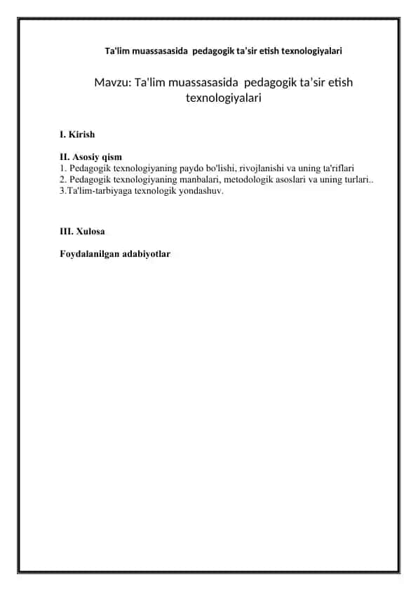 Ta'lim muassasasida pedagogik ta’sir etish texnologiyalari