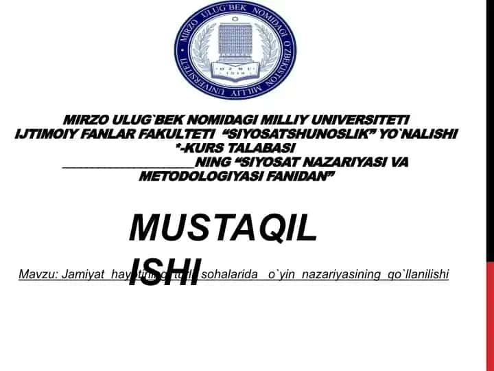 Jamiyat hayotining turli sohalarida o`yin nazariyasining qo`llanilishi