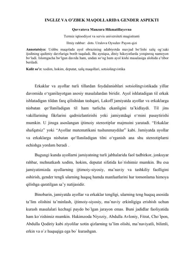 INGLIZ VA O’ZBEK MAQOLLARIDA GENDER ASPEKTI