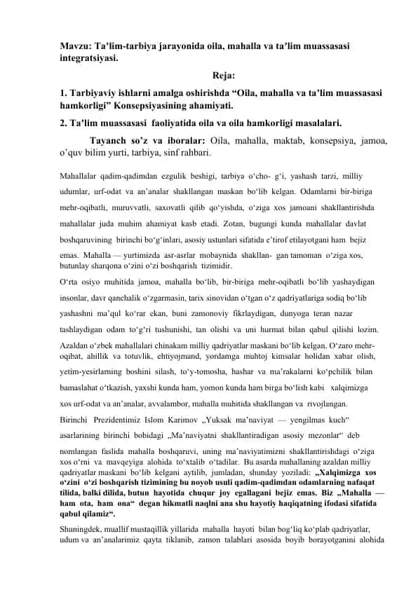 Oila, mahalla va taʼlim muassasasi integratsiyasi