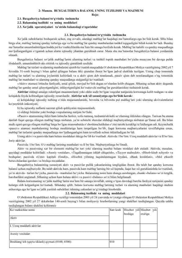 Buxgalteriya balansi, uning tuzilishi va mazmuni