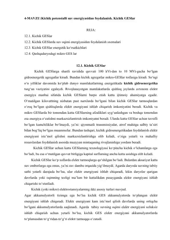 Kichik potensialli suv energiyasidan foydalanish