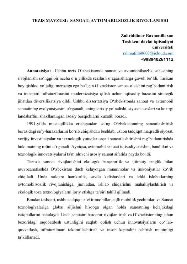 TEZIS MAVZUSI: SANOAT, AVTOMABILSOZLIK RIVOJLANISHI