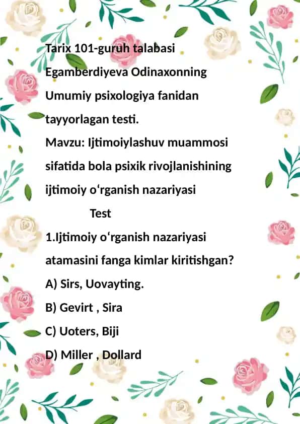Umumiy psixologiya fanidan tayyorlagan test