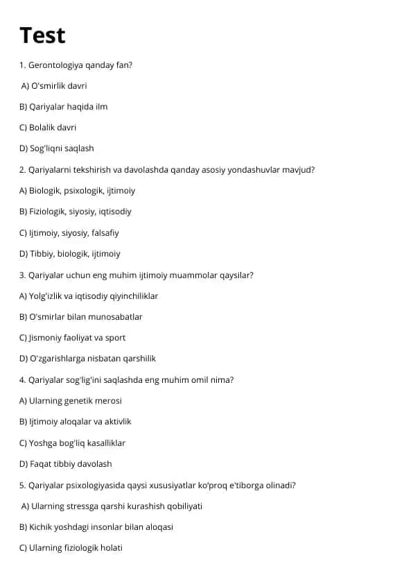 Gerontologiya test savollari