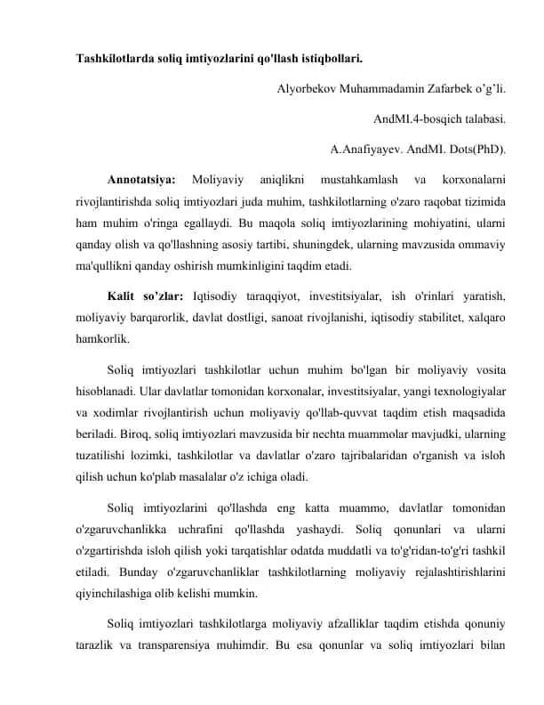 Tashkilotlarda soliq imtiyozlarini qo‘llash istiqbollari