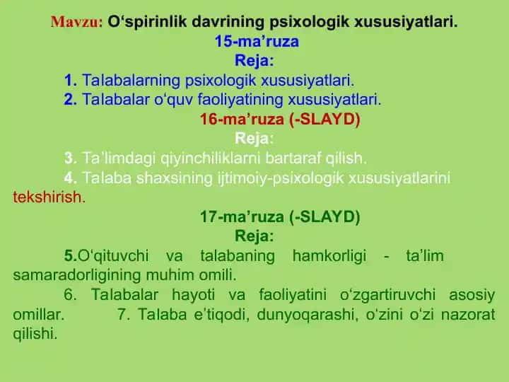 O‘spirinlik davrining psixologik xususiyatlari
