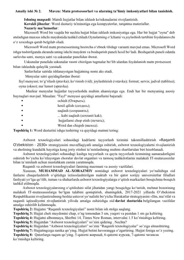 Microsoft Word matn protsessorlari haqida mavzu